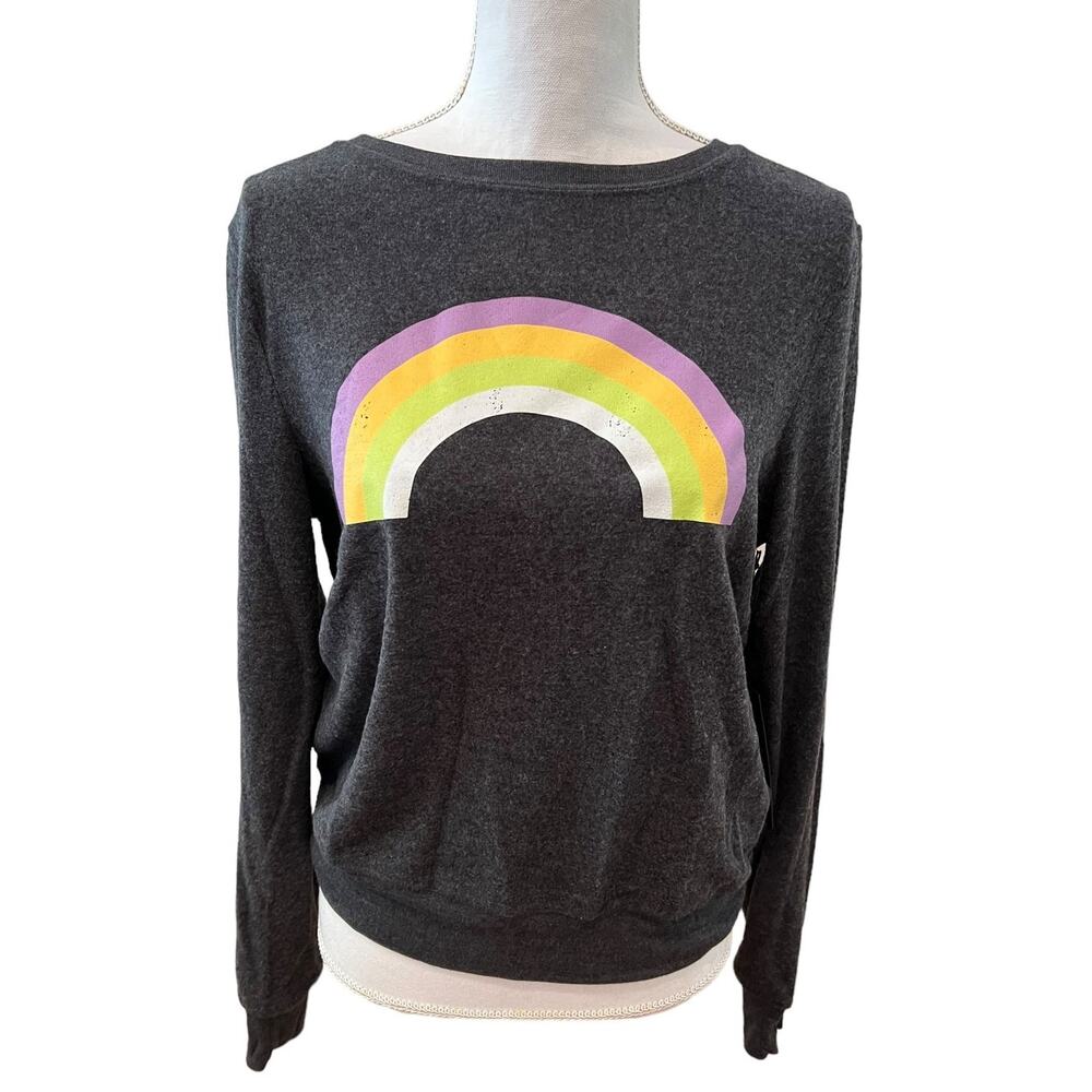Wildfox Rainbow Print Fuzzy Crewneck Athleisure Sweatshirt Charcoal Gray S